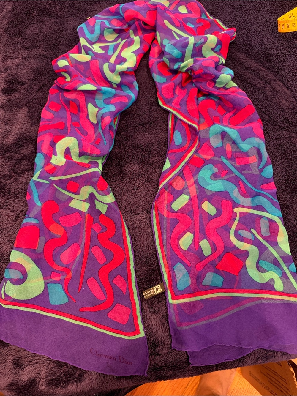 Vintage Dior Multicolor Abstract Silk Scarf in Purple, Red, Teal